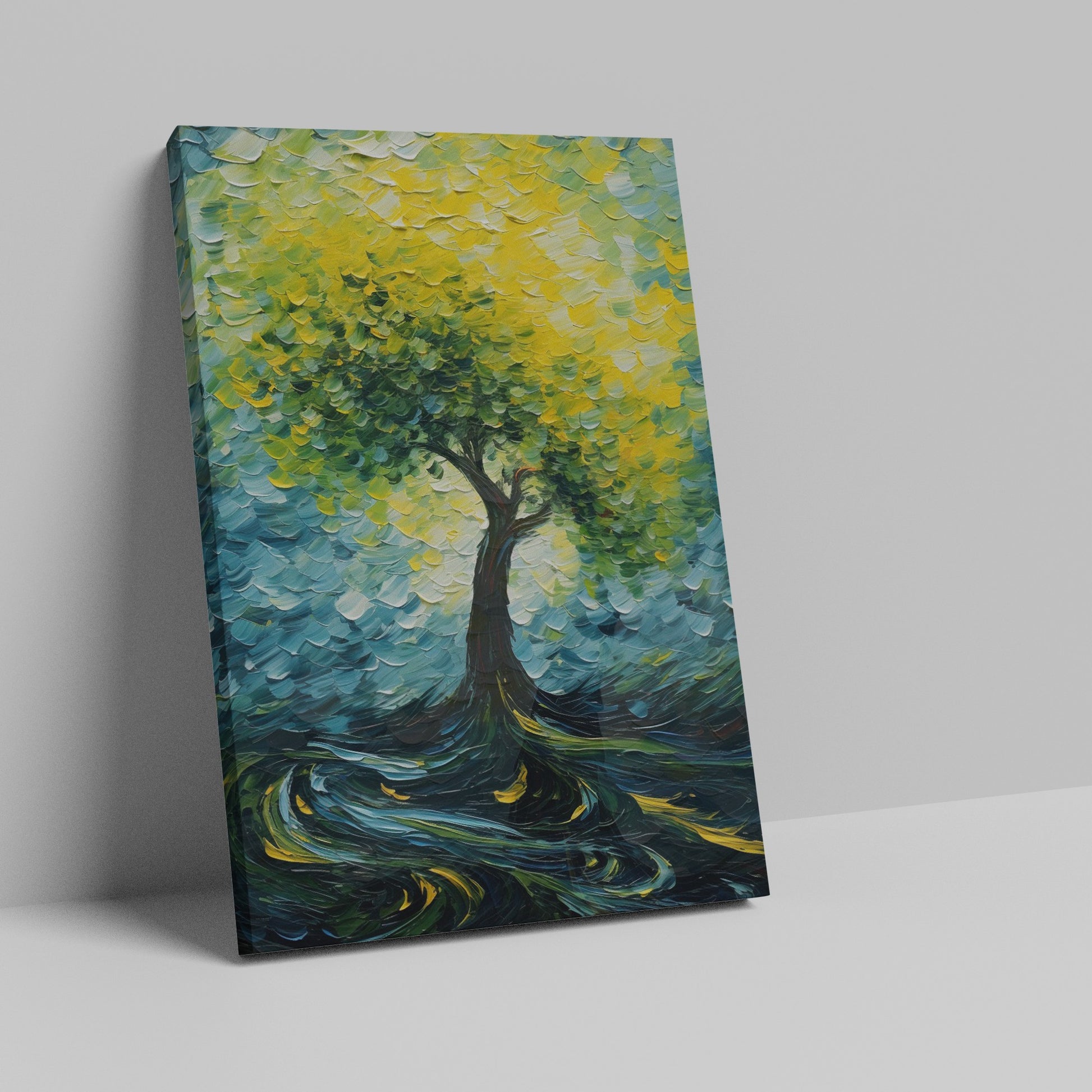 Framed canvas print of an impressionist tree with vibrant yellow and green colours