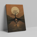 Framed canvas print of African sunset with large sun, tree silhouette, and candle reflection