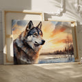 Framed canvas print of a majestic wolf in a sunset landscape with vibrant colours