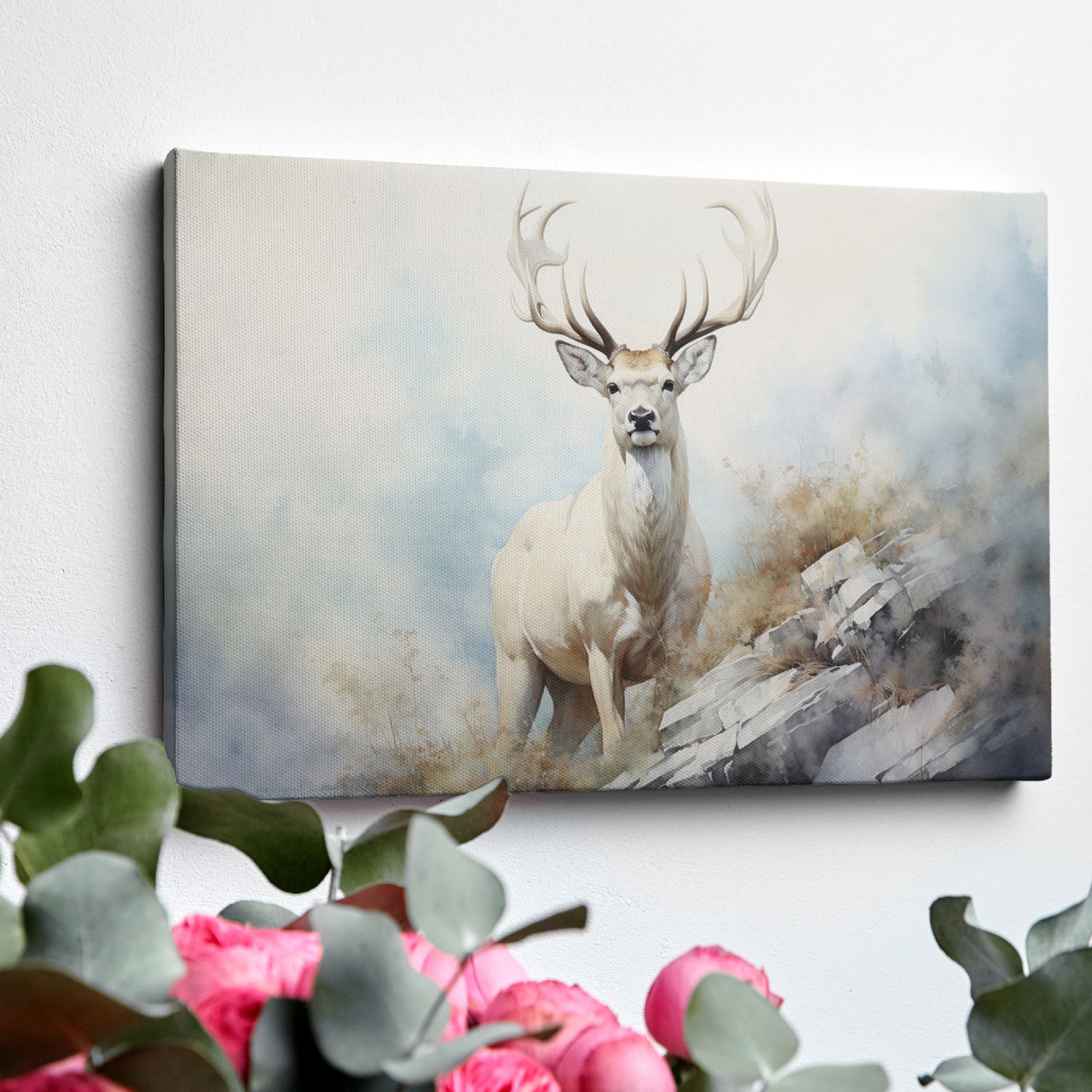 Framed canvas print of a majestic stag in a misty, ethereal forest landscape