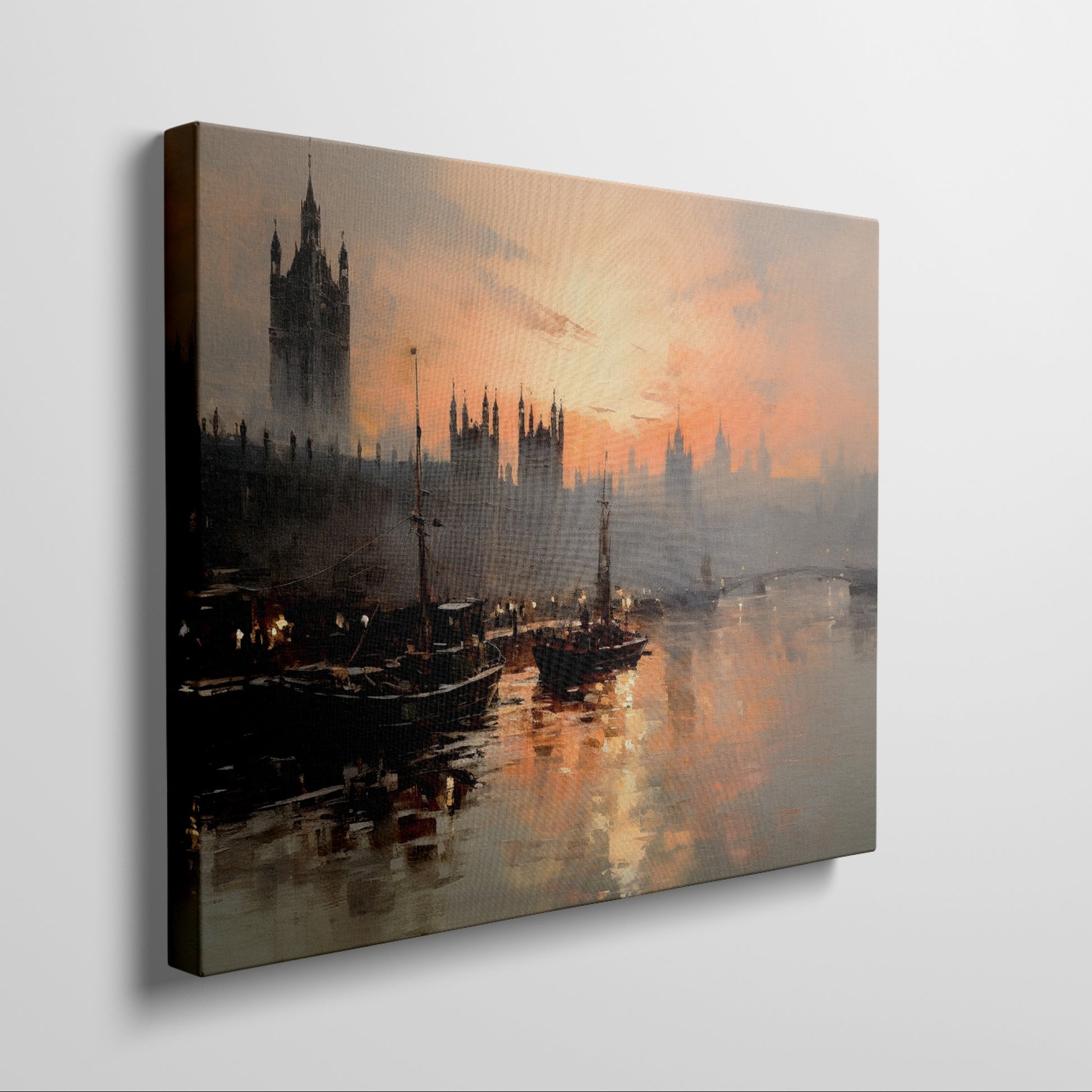 Framed canvas print of a sunset over the River Thames with London skyline and boats in impressionist style