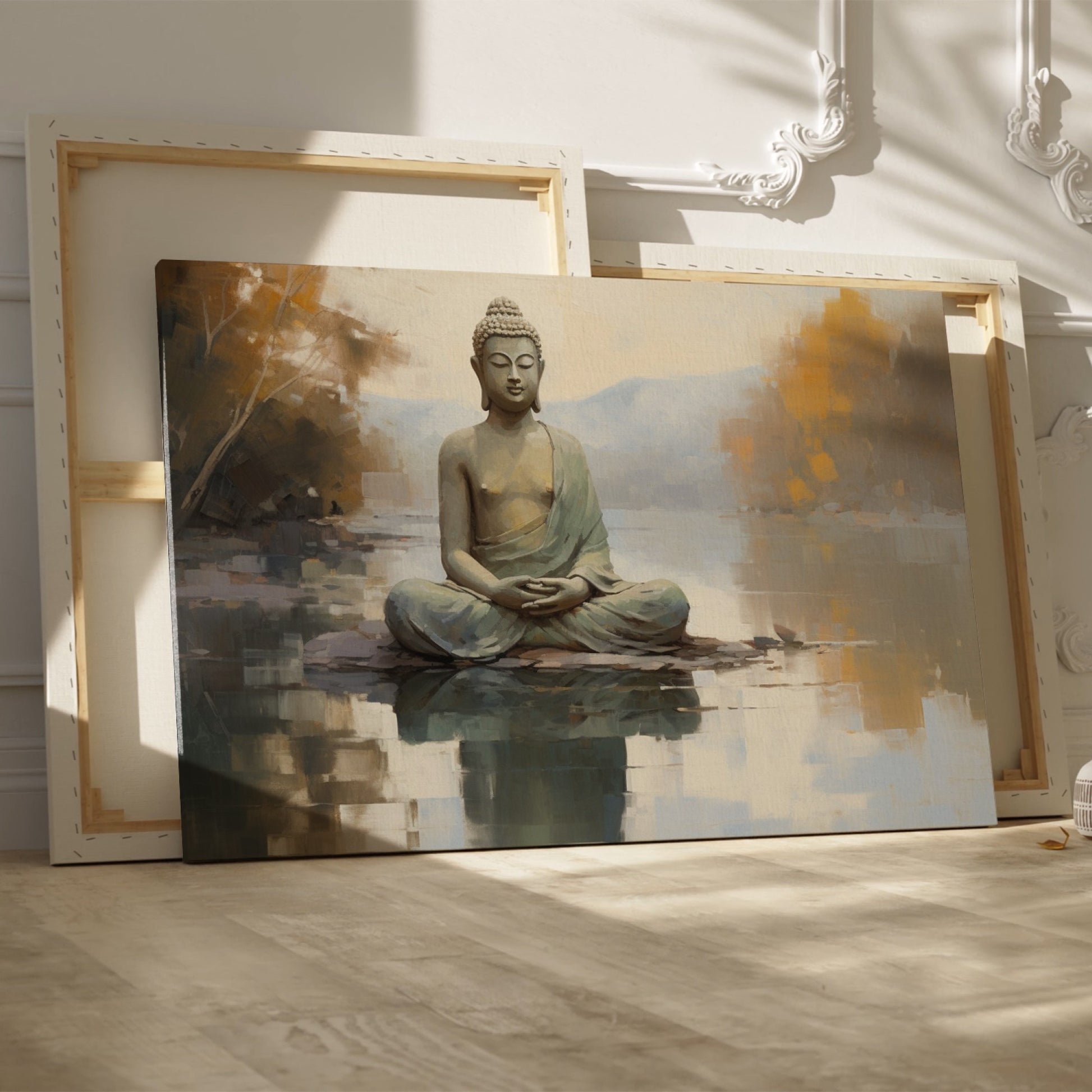 Framed canvas print of a serene Buddha in meditation with a reflective water landscape and autumnal trees