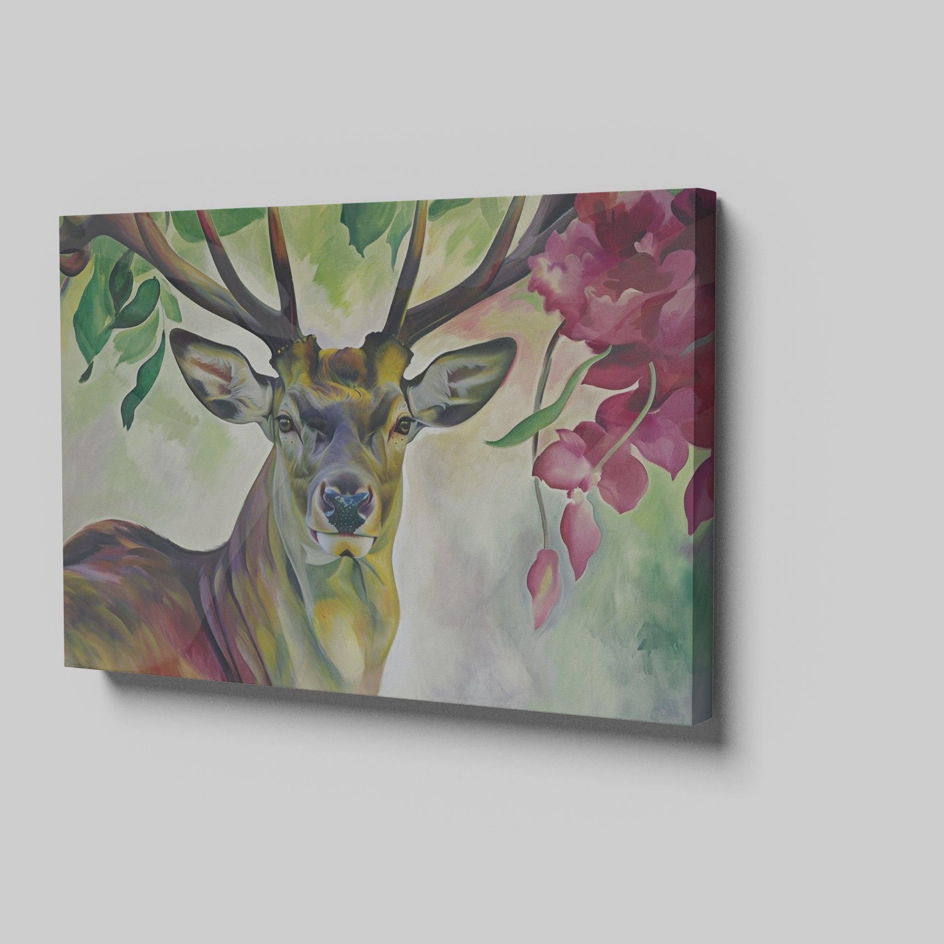 Framed canvas print of a vibrant stag with colourful floral surroundings