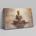 Framed canvas print of a serene Buddha statue with autumnal colours and water reflection