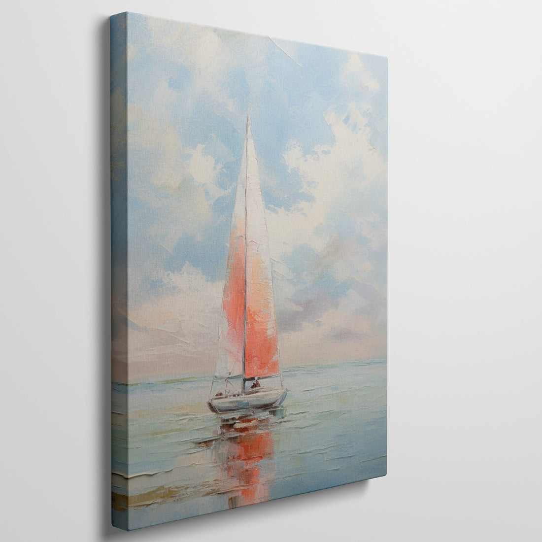 Framed canvas print of a vibrant sailboat against a pastel sunset sky reflected on tranquil ocean waters