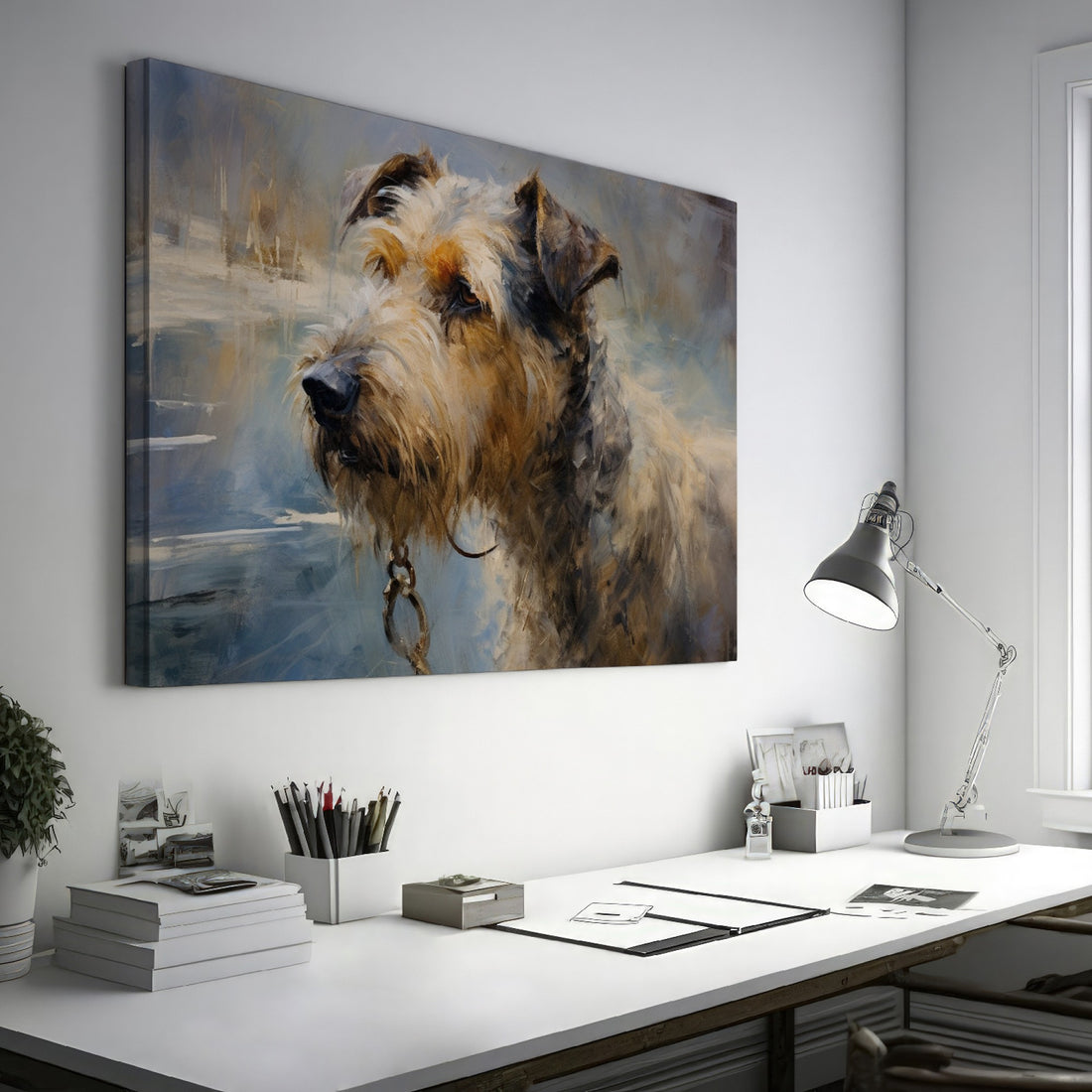 Framed canvas print of an impressionistic painting depicting a detailed and textured dog portrait with warm tones