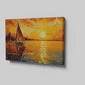 Framed canvas print of an impressionist sailboat against a vivid sunset