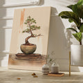 Illustrated bonsai tree with green foliage in a brown bowl on a beige background