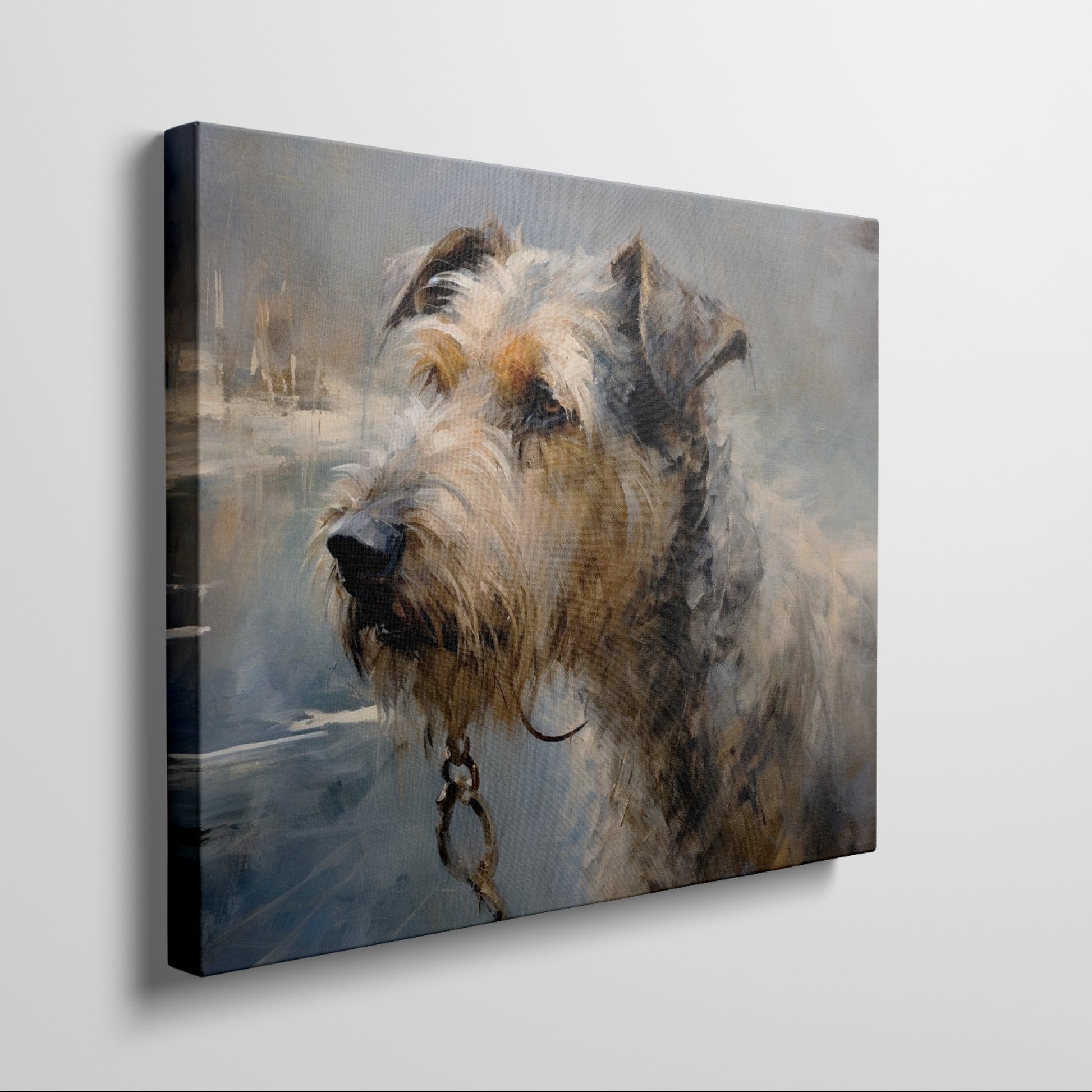 Framed canvas print of an impressionistic painting depicting a detailed and textured dog portrait with warm tones