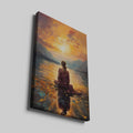 Framed canvas print of a contemplative figure at lakeside during sunset, with vivid warm colours and impressionist style