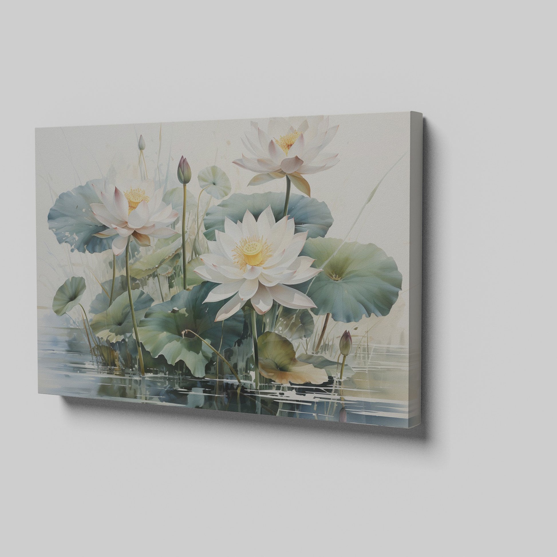 Framed canvas print of tranquil lotus flowers and water lilies on a serene pond