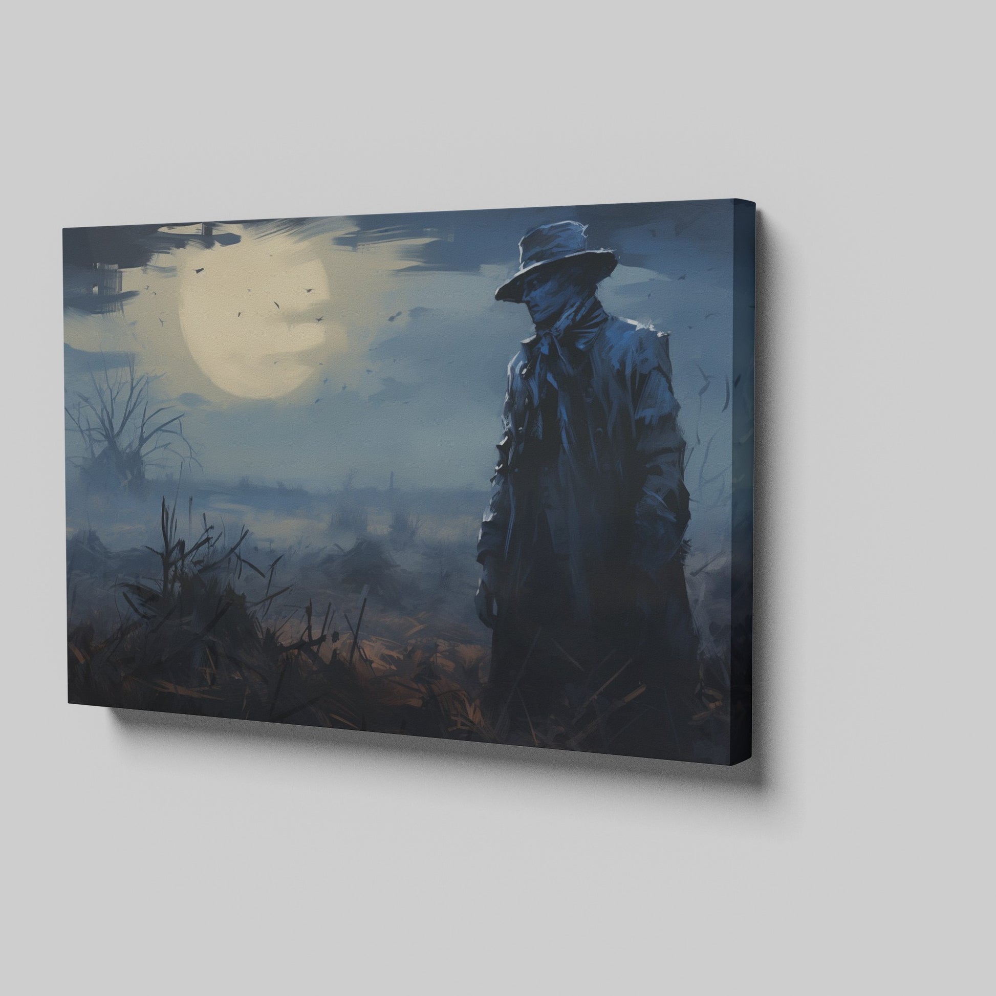 Framed canvas print of a mysterious figure under a moonlit, bird-strewn sky within a dramatic landscape