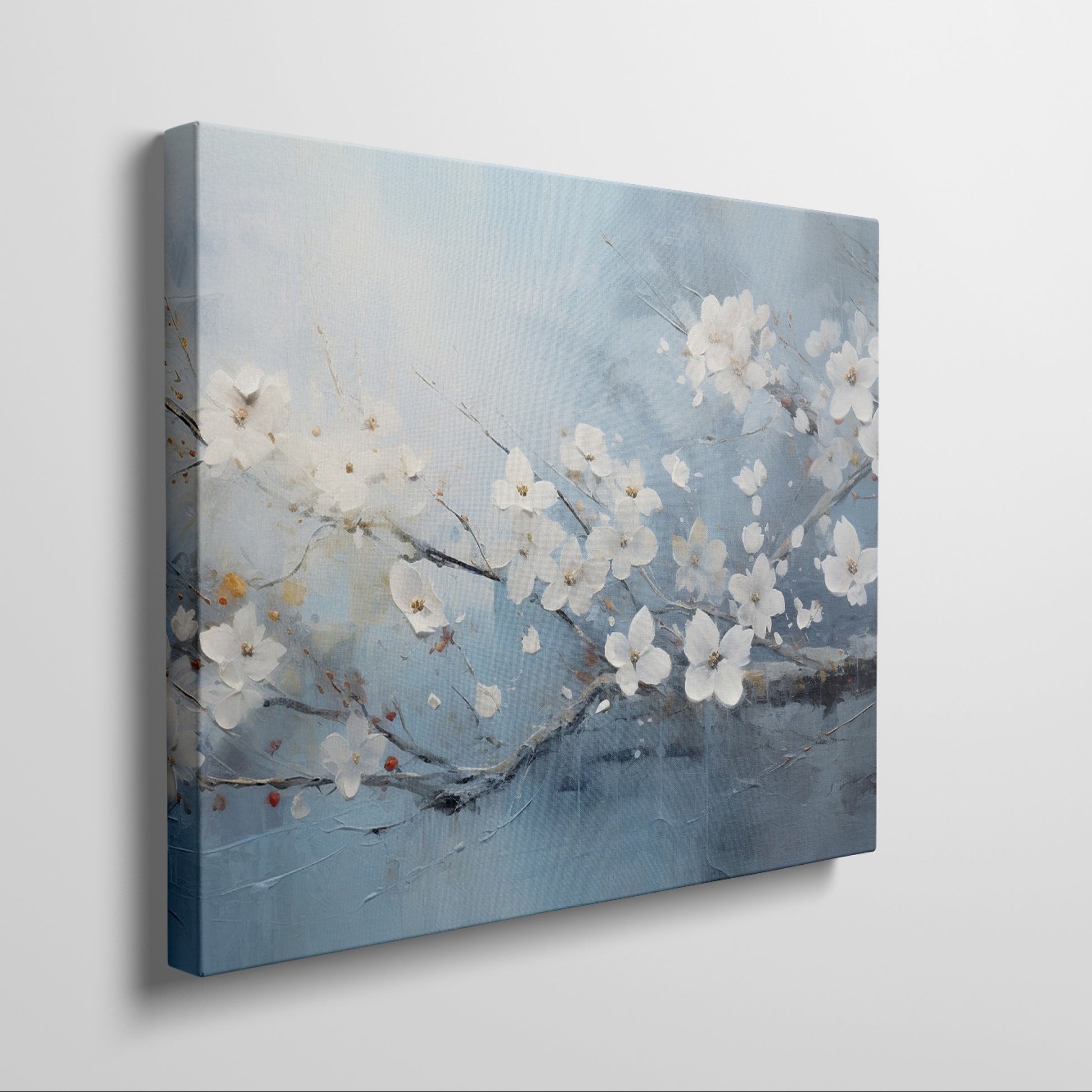 Framed canvas print of elegant white blossoms on a serene blue background with impasto textures