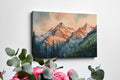 Framed canvas print of a serene watercolour mountain landscape with sunset hues