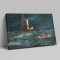 Framed canvas print of impressionist oceanic artwork featuring a bright lighthouse and a red boat in a stormy sea