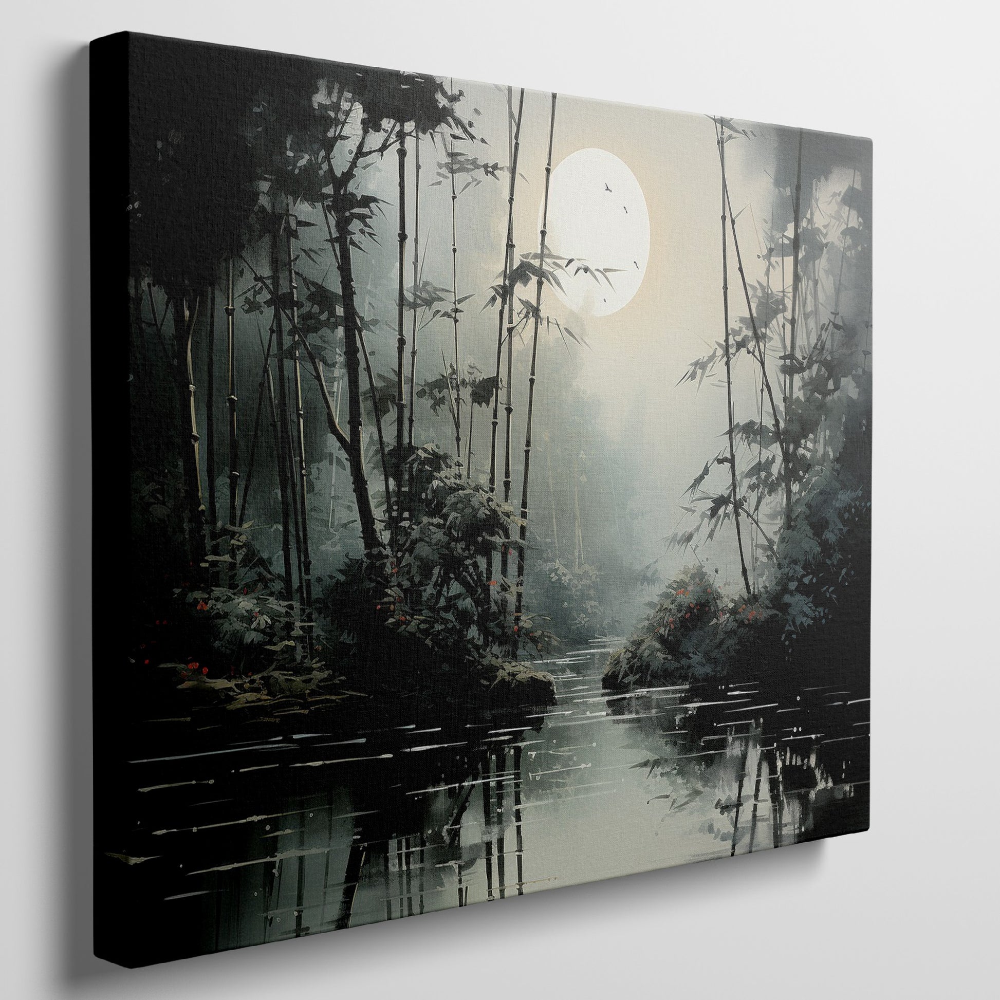 Framed canvas print of a serene bamboo forest under moonlight with water reflections and a misty ambiance