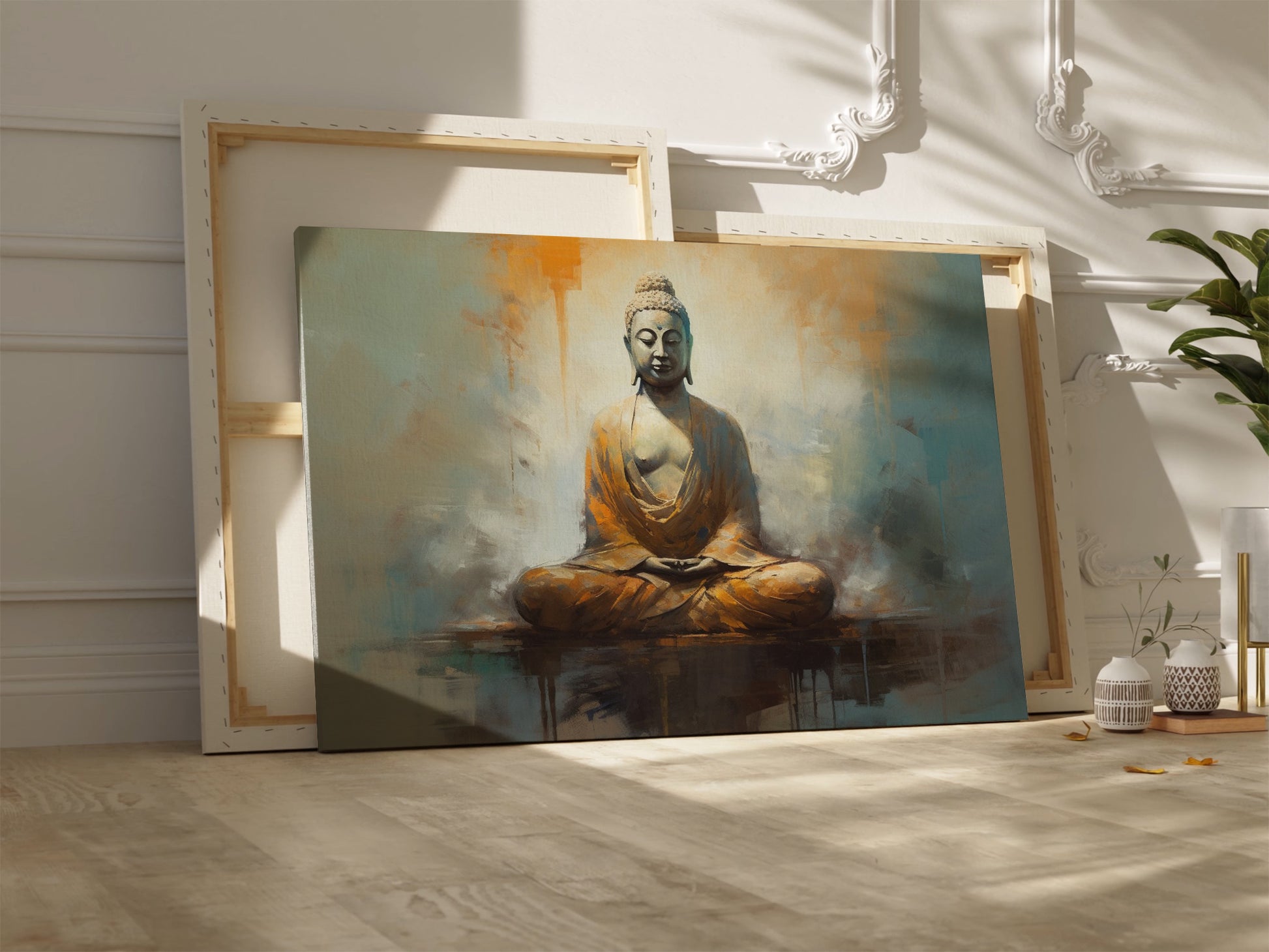 Framed canvas print of serene Buddha in meditation with abstract warm background