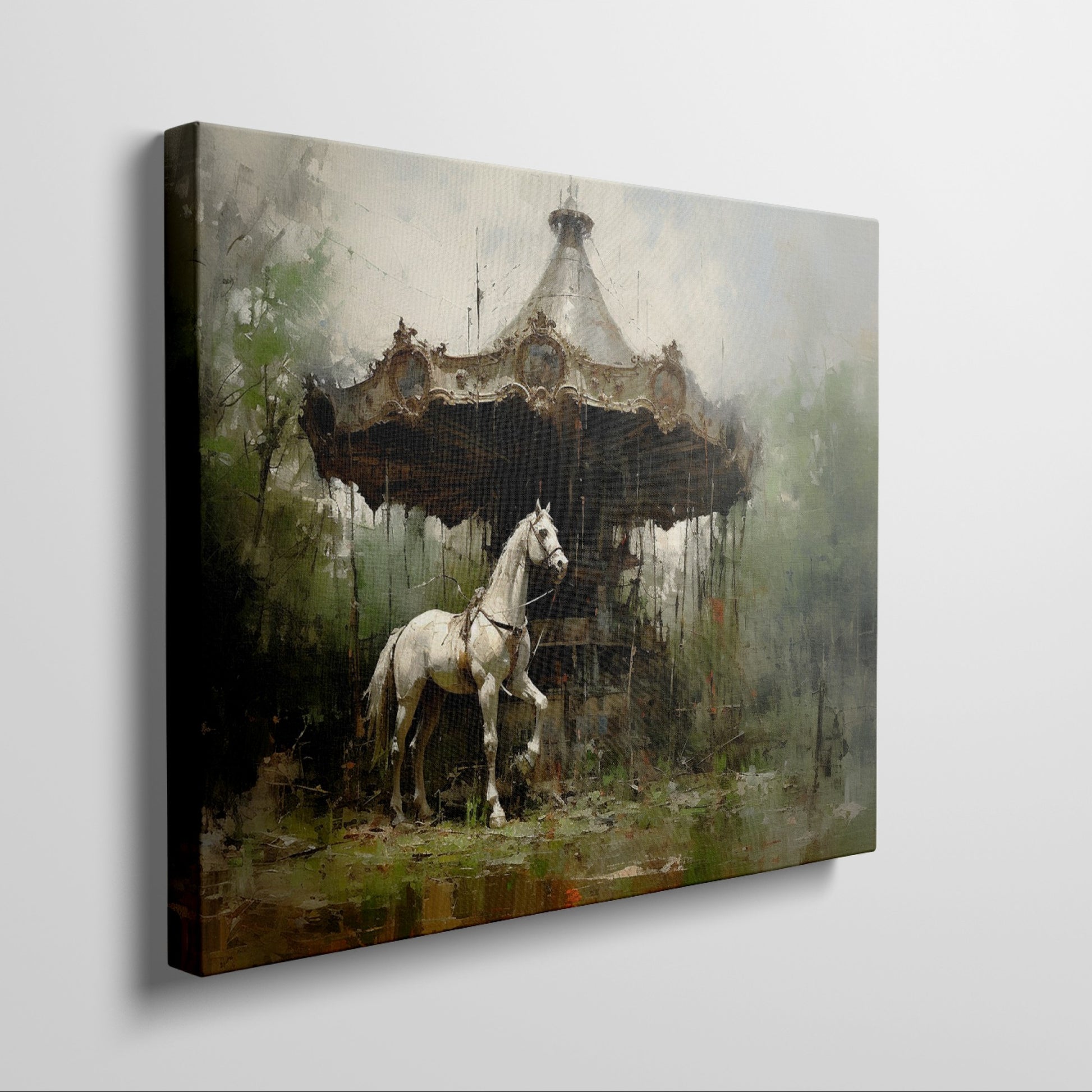 Framed canvas print of a nostalgic vintage carousel horse infront of a forgotten carousel