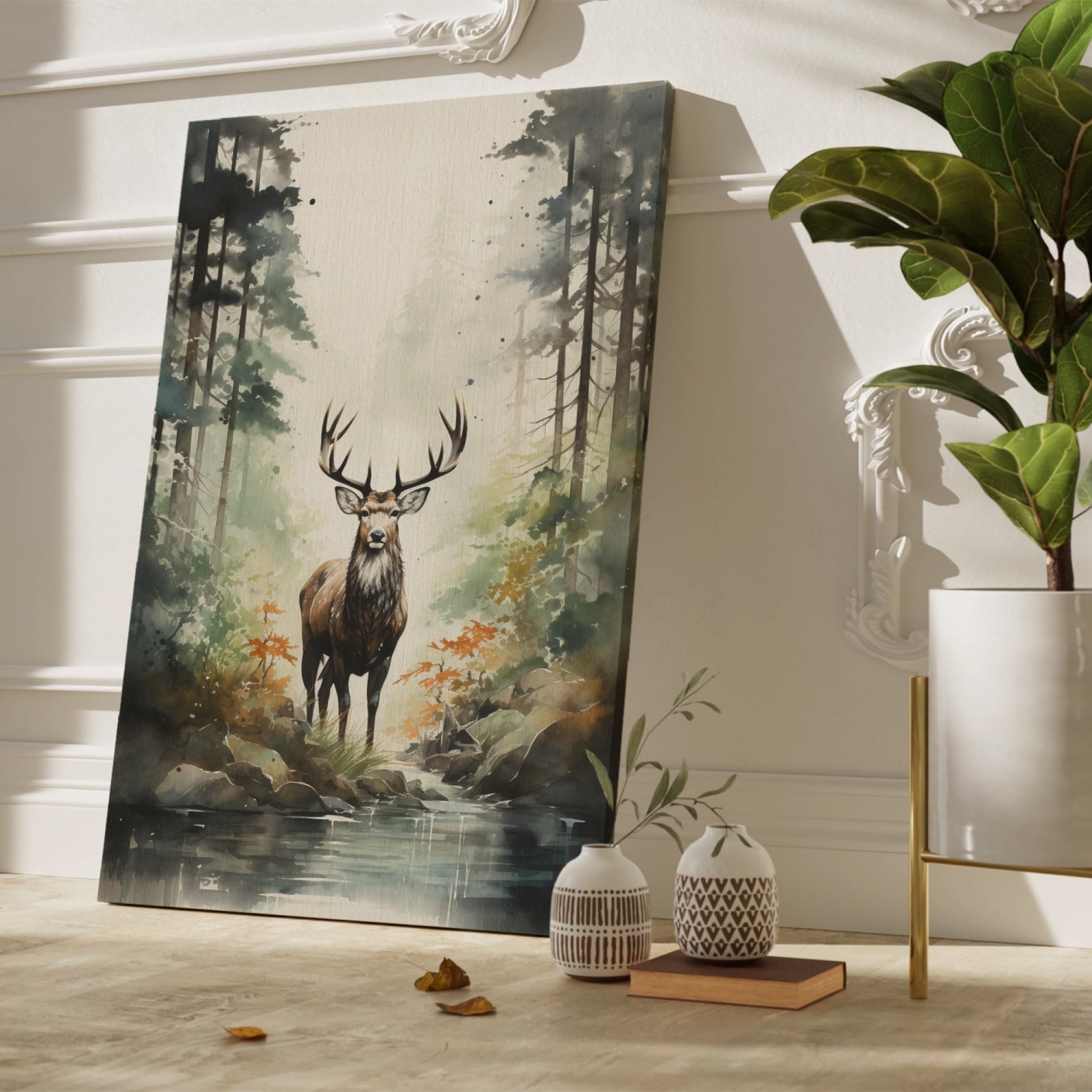 Framed canvas print of a majestic deer in a misty forest with autumnal colours