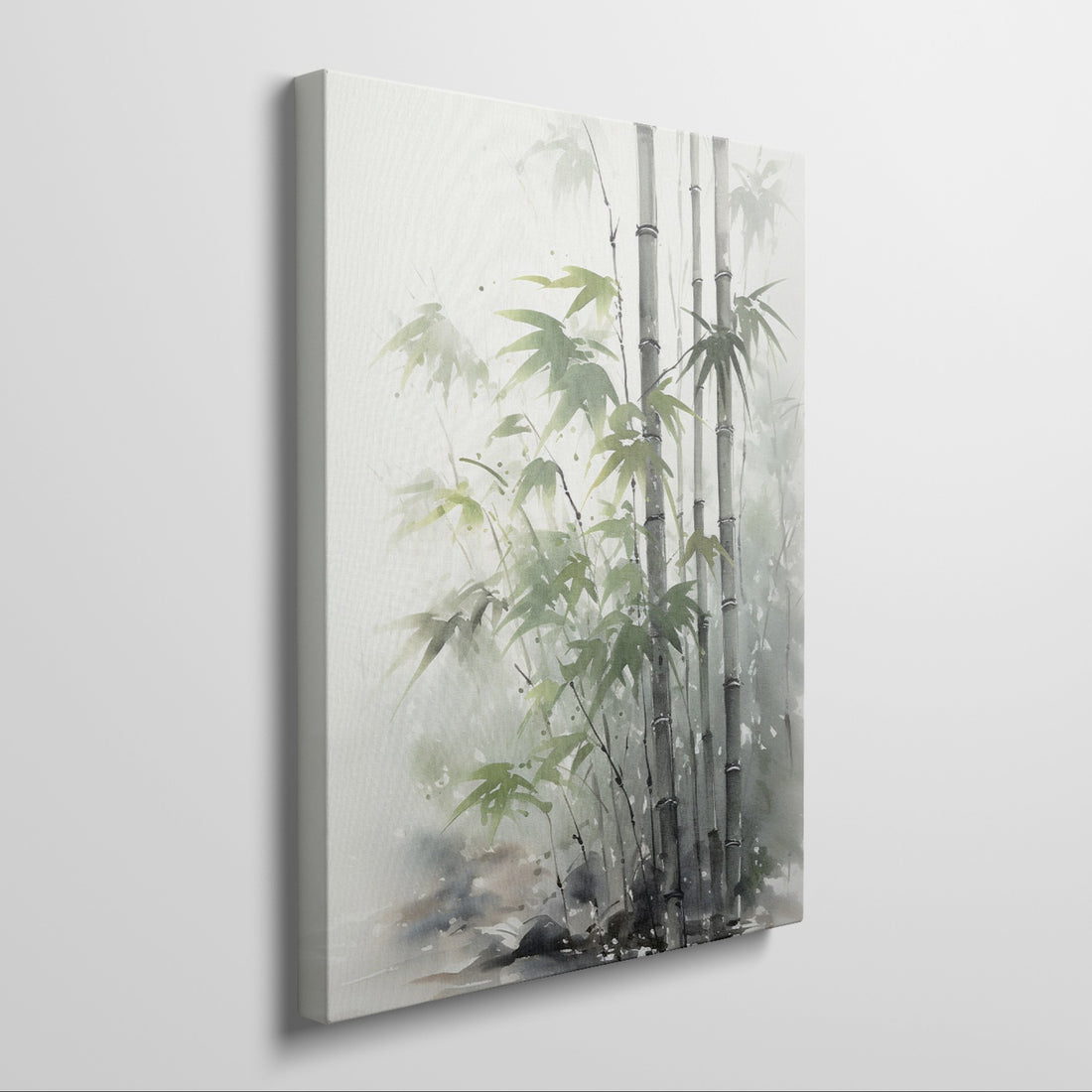 Framed canvas print of tranquil bamboo watercolour painting with soft green leaves and grey tones