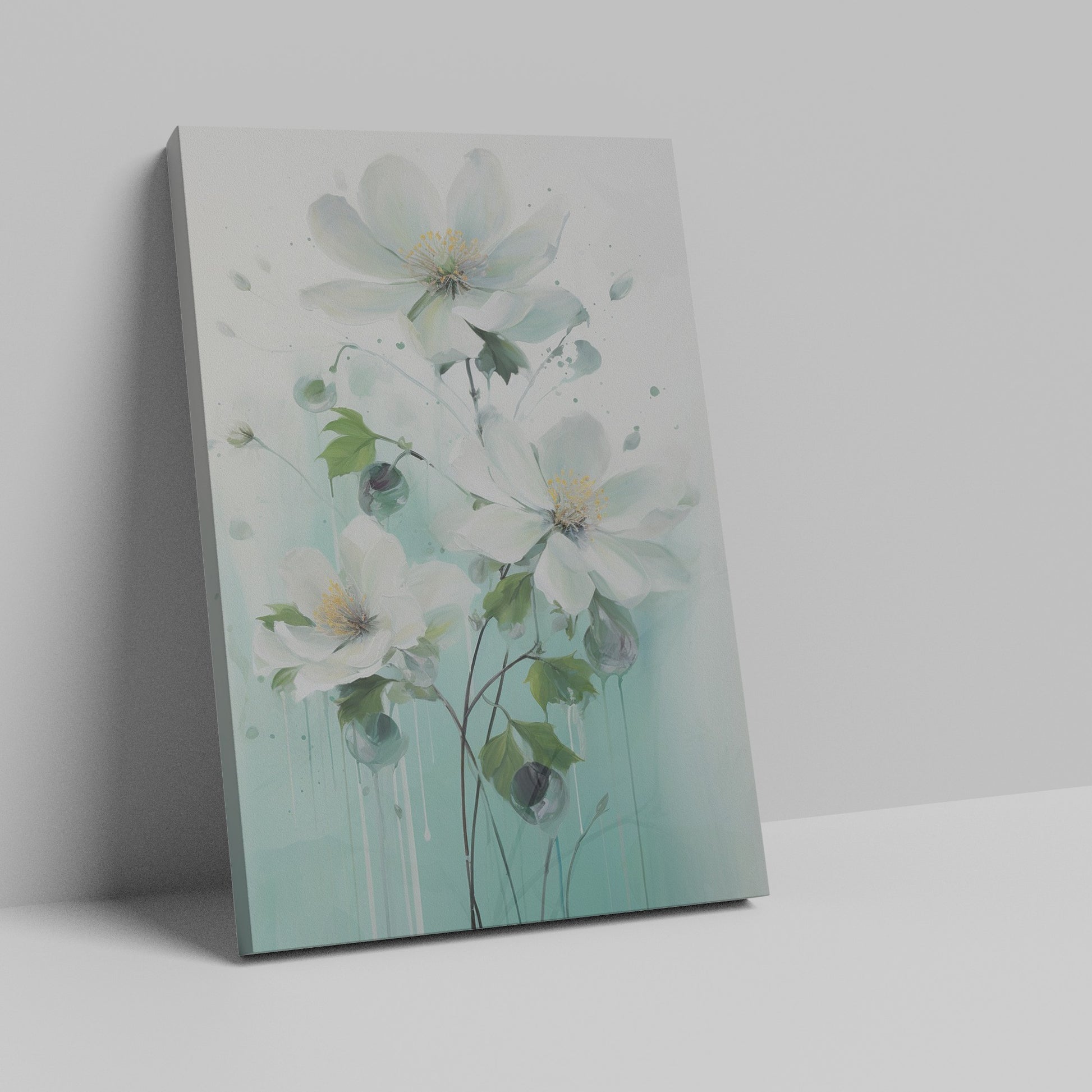 Framed canvas print of hand-painted style white flowers on a pastel background