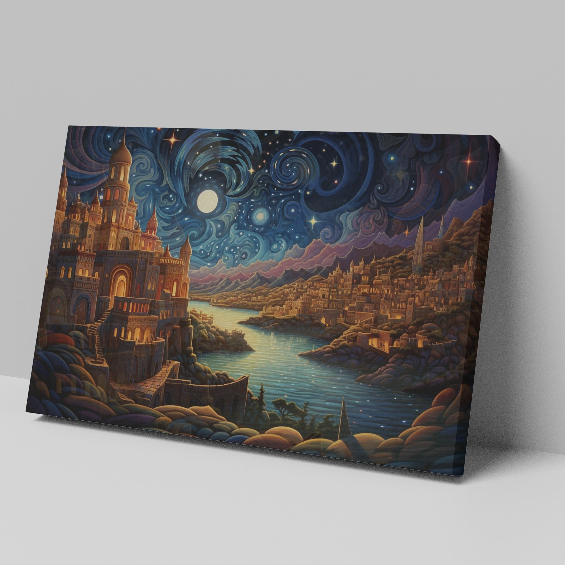 Framed canvas print of a moonlit fantasy cityscape with vibrant colours and a starry night sky