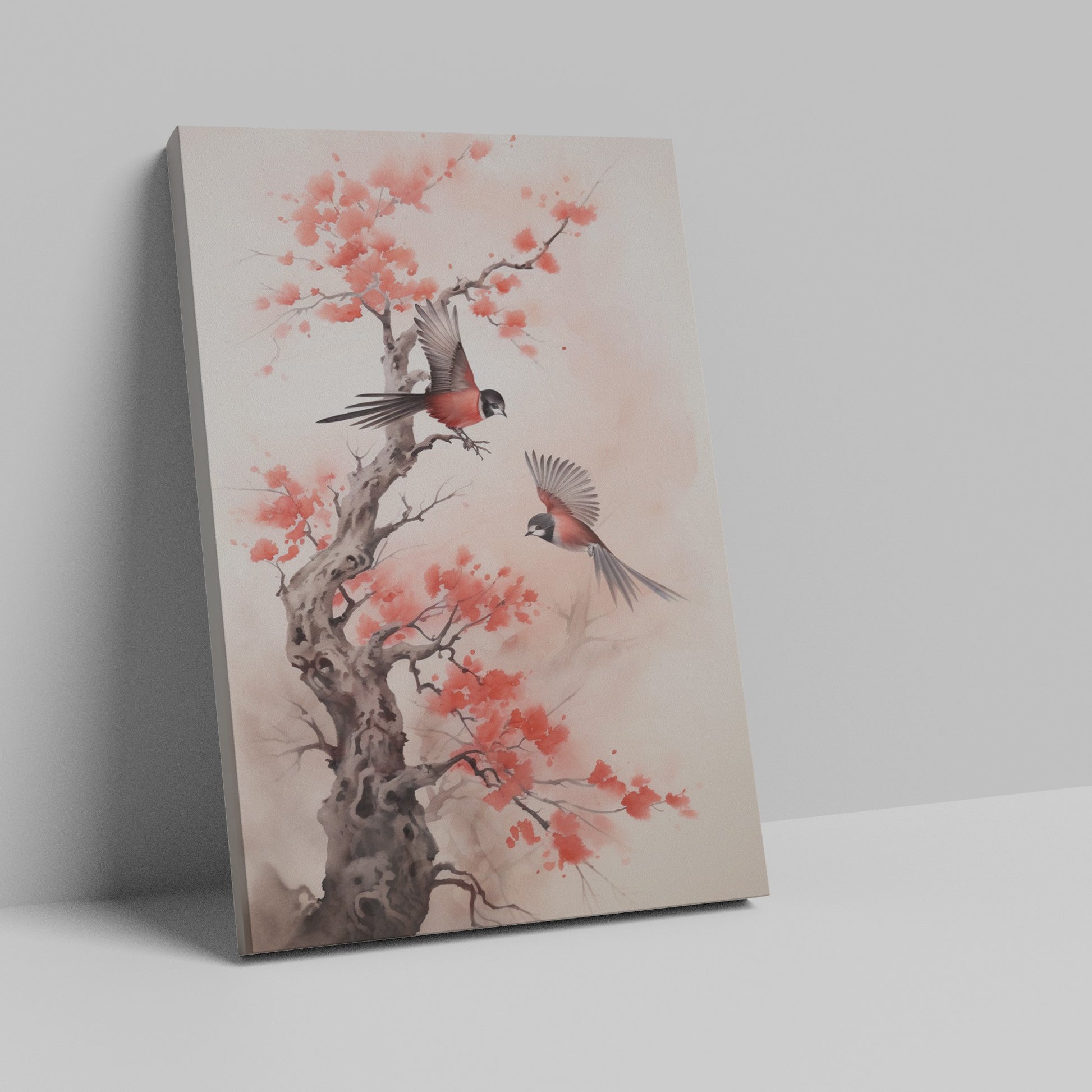 Framed canvas print of cherry blossoms and birds in watercolor