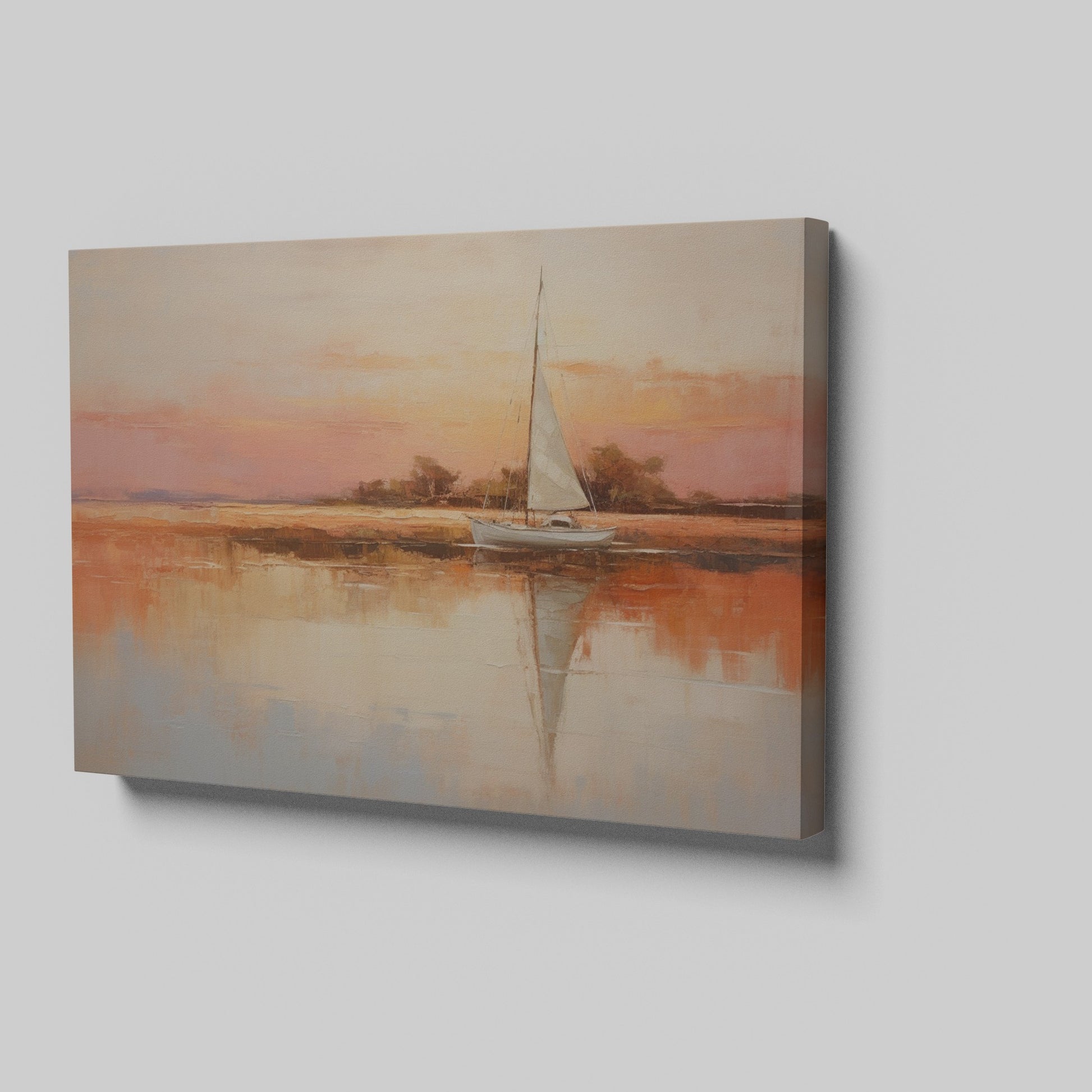 Framed canvas painting of a sailboat at sunset with orange and beige sky reflected in calm blue waters