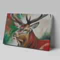 Framed canvas print of a vibrant, abstract impressionistic stag with bold colours and brushstrokes