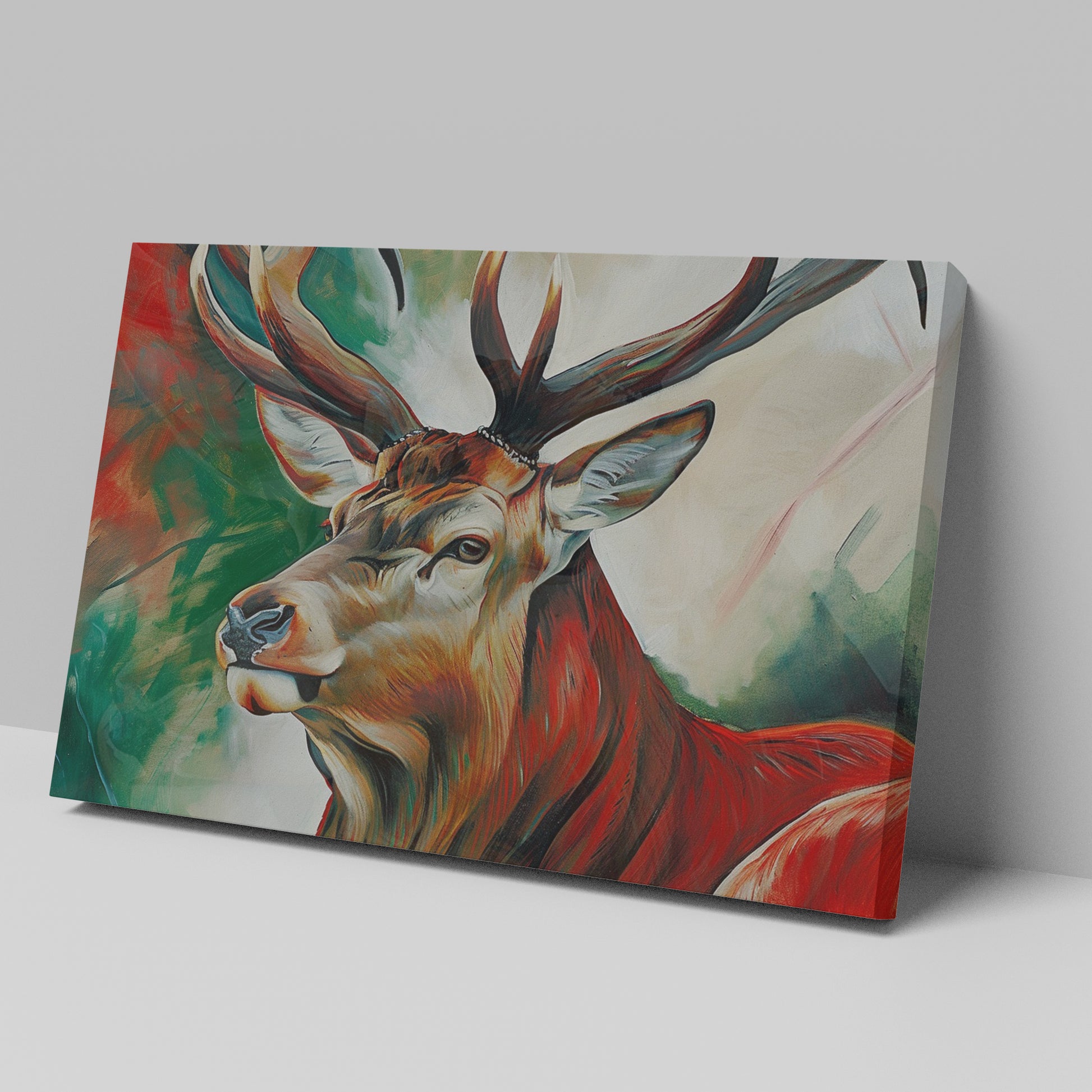 Framed canvas print of a vibrant, abstract impressionistic stag with bold colours and brushstrokes