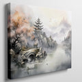 Framed canvas print of a traditional Oriental landscape with pagoda, autumn trees, and misty mountains