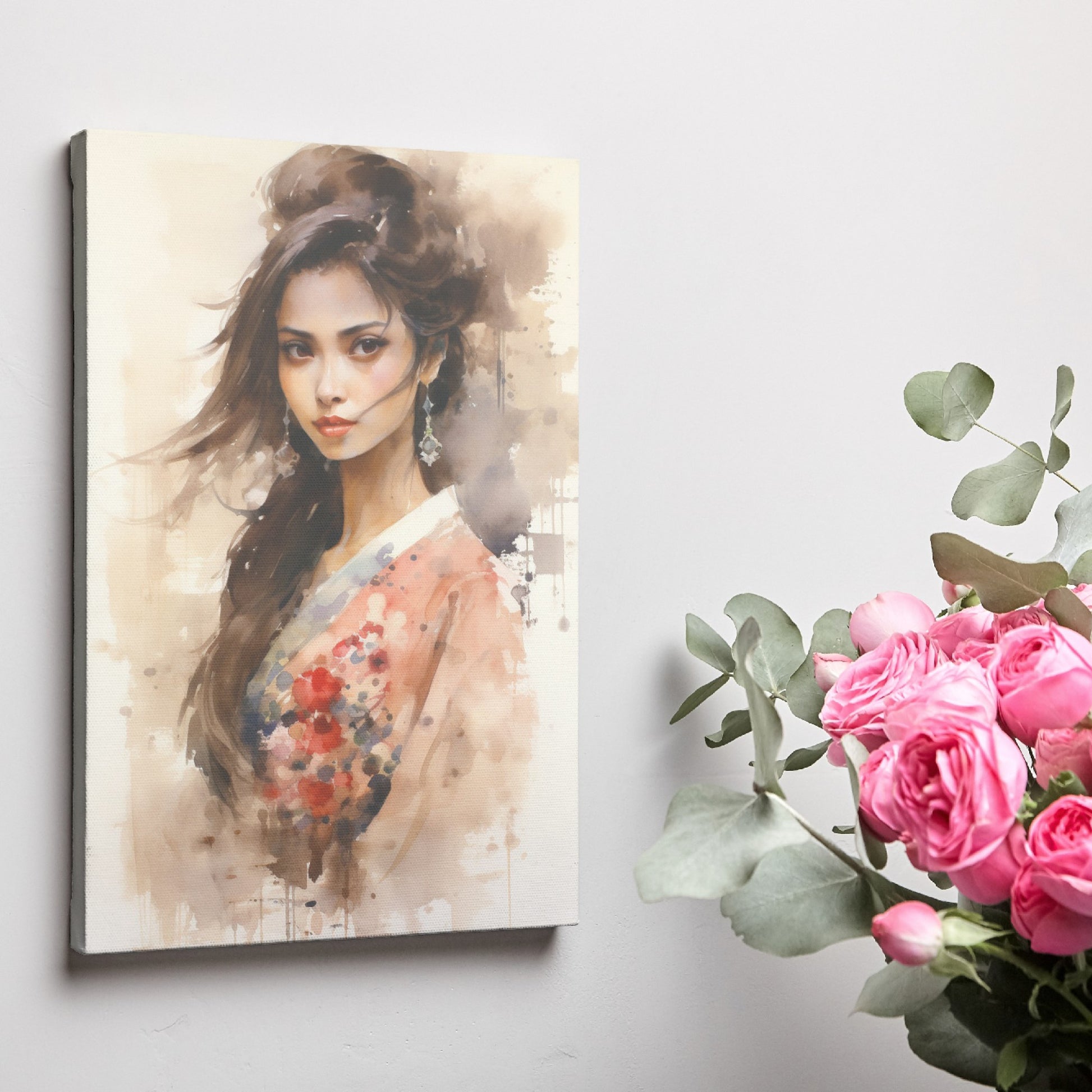 Framed canvas print of an elegant woman in a watercolour style, with a warm palette and floral kimono