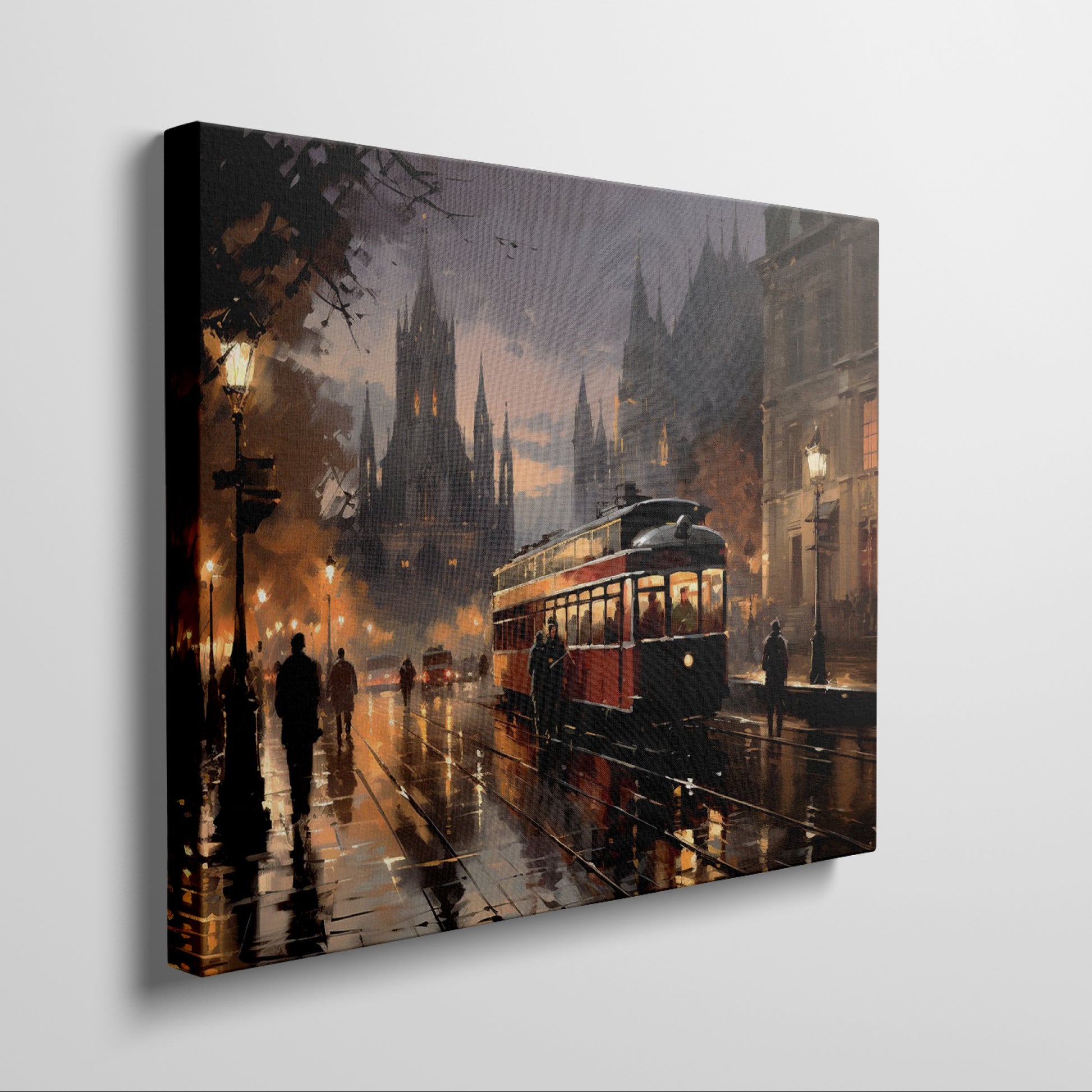 Framed canvas print of a vintage tram travelling through a city with majestic cathedral and warm evening lights reflected on wet streets