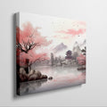 Framed canvas print of oriental landscape with cherry blossoms and pagoda