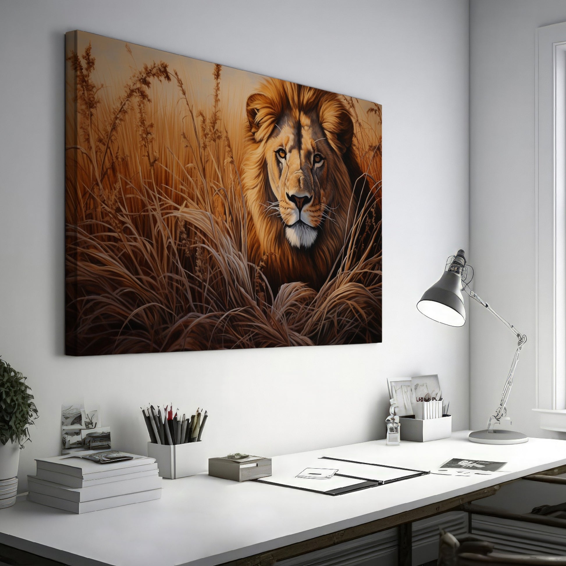 Framed canvas print of a realistic lion portrait in earthy tones