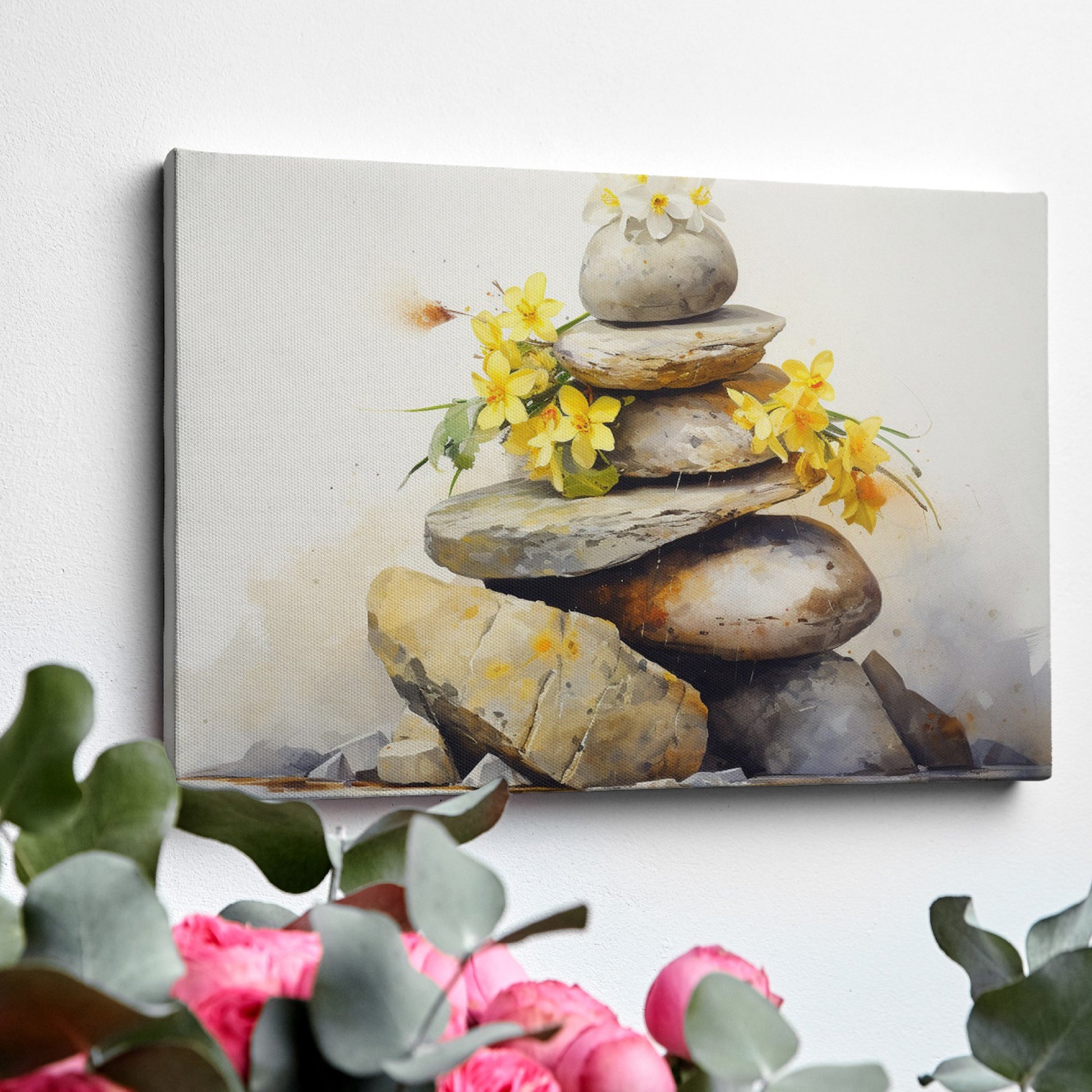 Framed canvas print of Zen rocks stacked with yellow flowers in watercolour