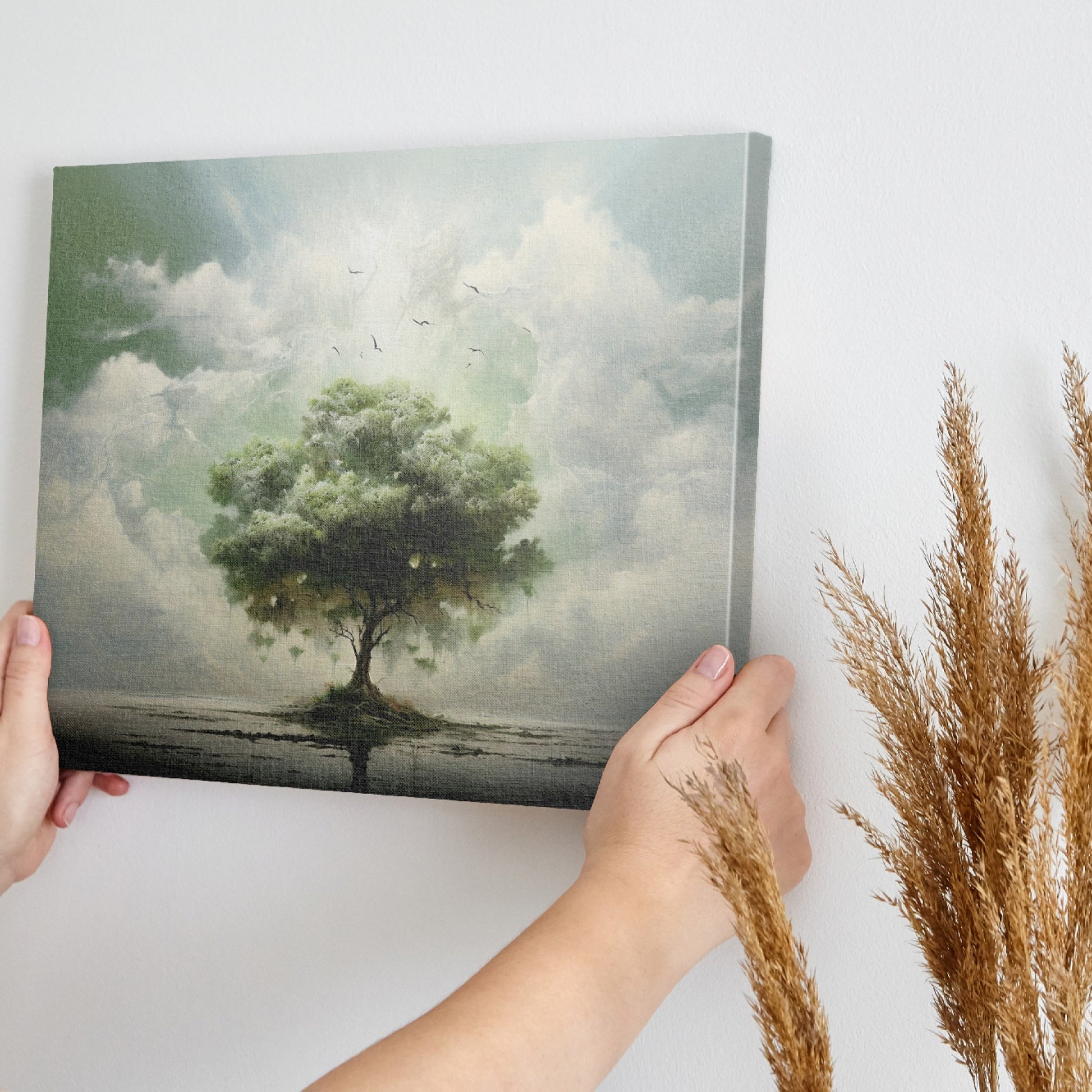 Framed canvas print of a surreal tree floating above a calm lake with birds and ethereal clouds