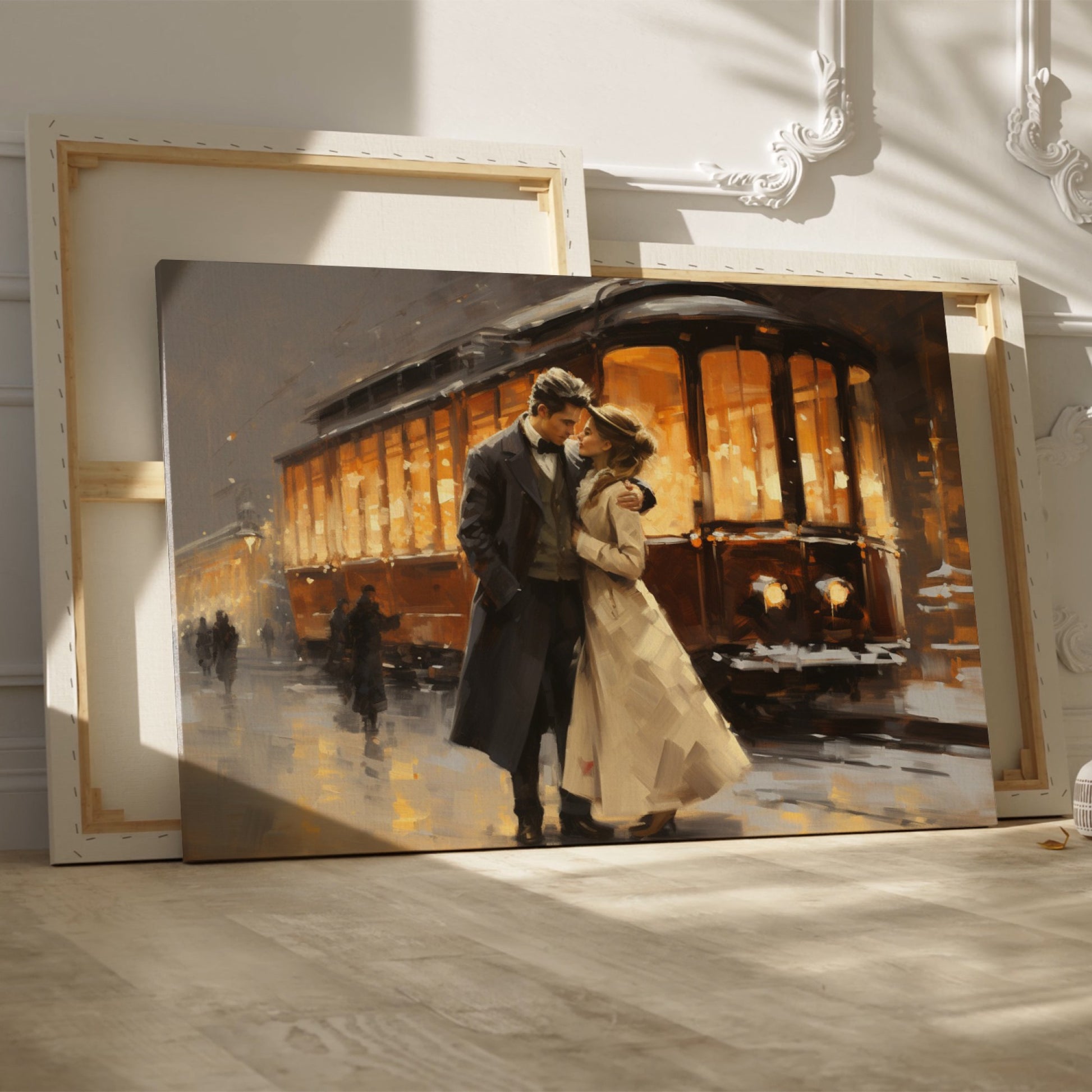 Framed canvas print of a romantic couple embracing on a snowy evening by a vintage streetcar