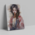 Framed canvas print of abstract female portrait with vibrant colours and watercolor style