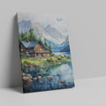 Framed canvas print of a serene lake cabin with mountain backdrop