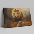 Framed canvas print of a regal lion striding through the misty savannah