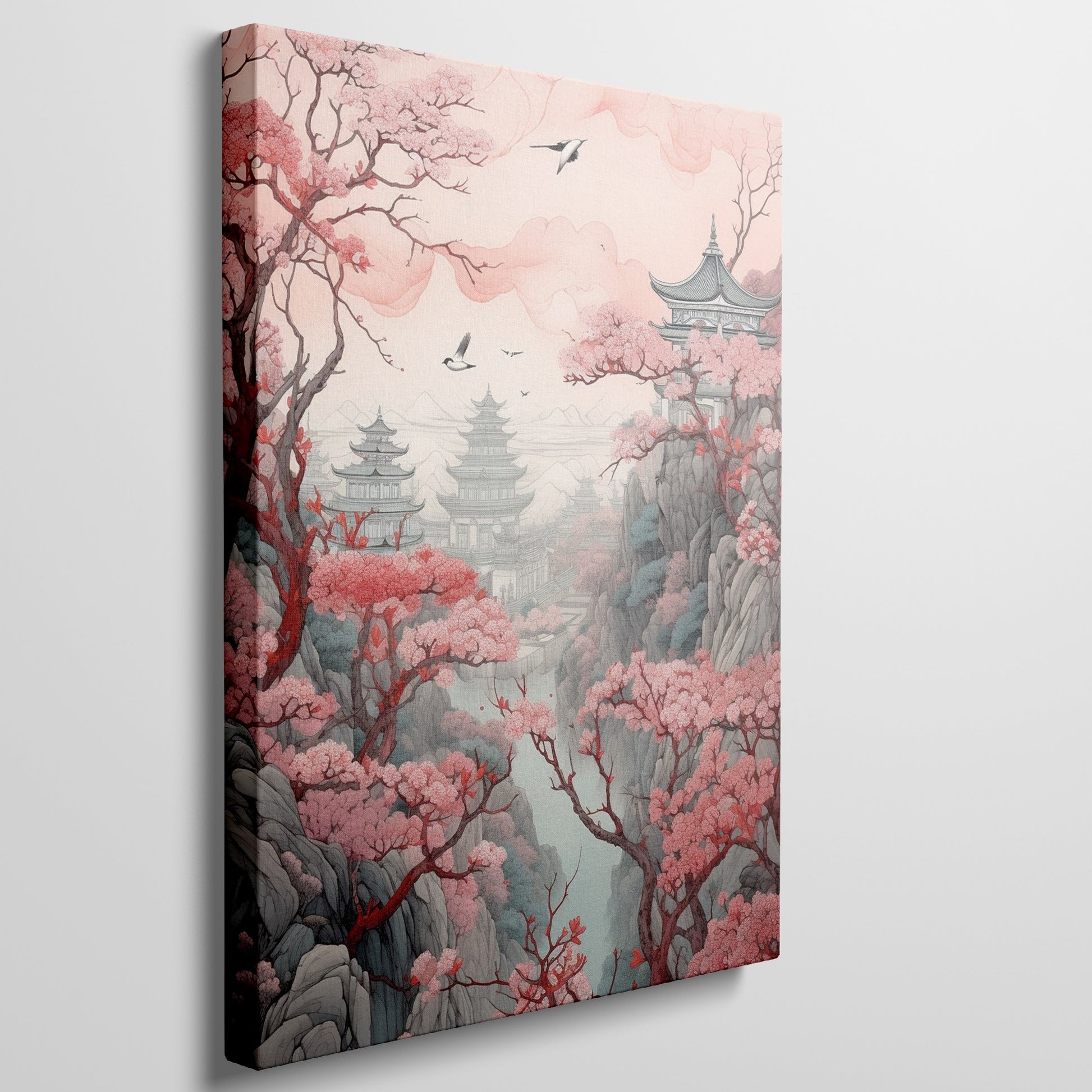 Framed canvas print of an oriental landscape with cherry blossoms and pagodas