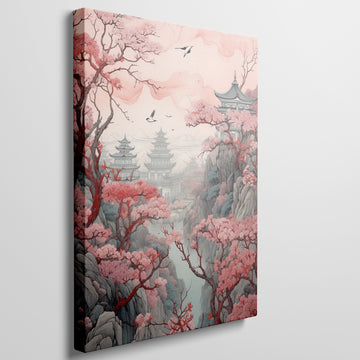 Framed canvas print of an oriental landscape with cherry blossoms and pagodas