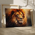 Framed canvas print of a resplendent lion with a fiery mane in earthy tones