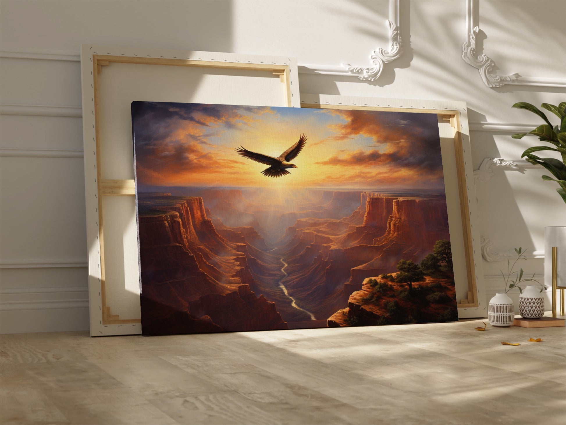 Framed canvas print of a majestic eagle flying over a grand canyon at sunrise with radiant warm colours