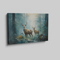 Framed canvas print of two majestic deer in a misty, sunlit forest