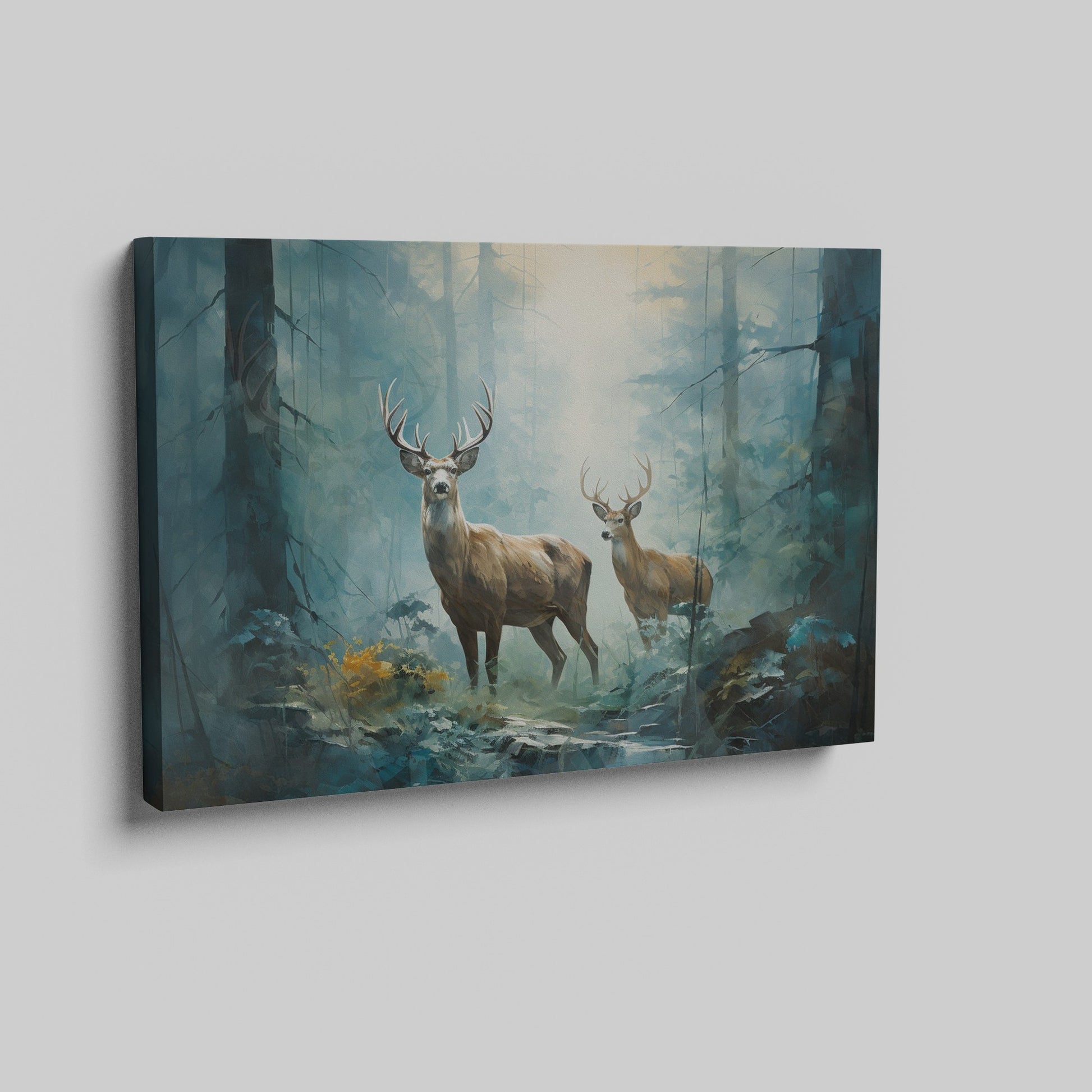 Framed canvas print of two majestic deer in a misty, sunlit forest