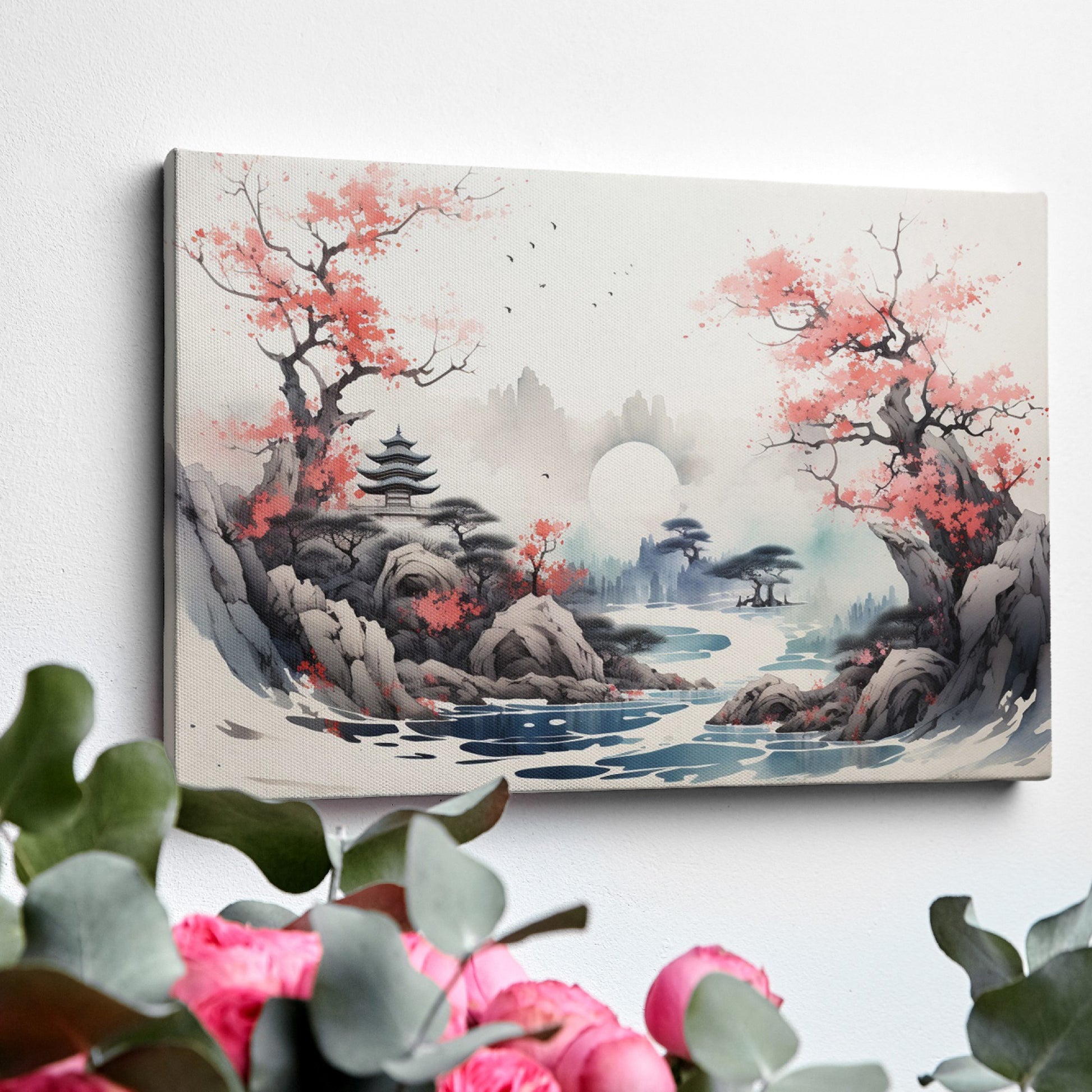 Framed canvas print of Oriental landscape with cherry blossoms and pagoda