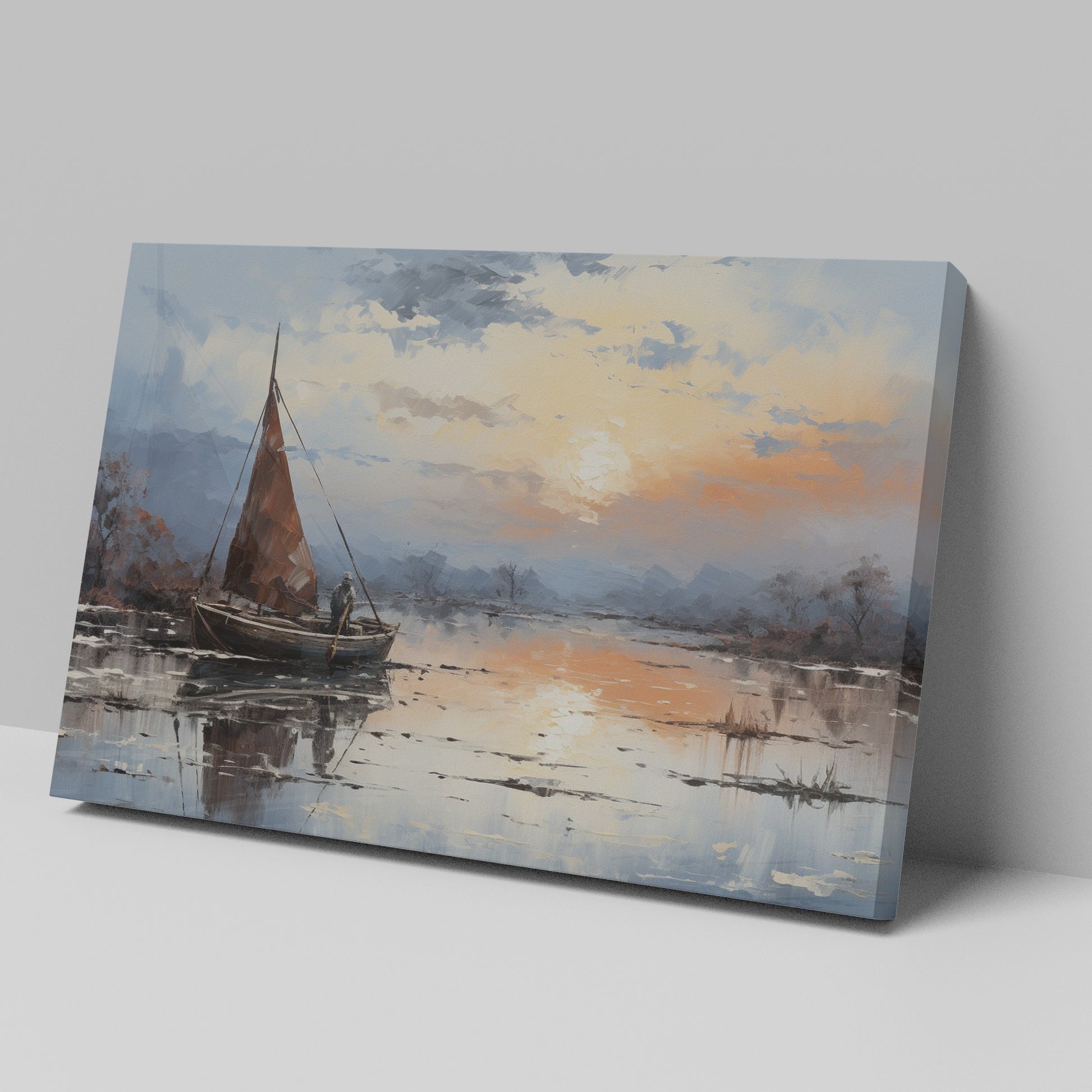 Framed canvas print of impressionist sailboat at sunset with vibrant sky and reflective water