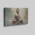 Framed canvas print of serene Buddha in meditation with pastel colours and cherry blossoms